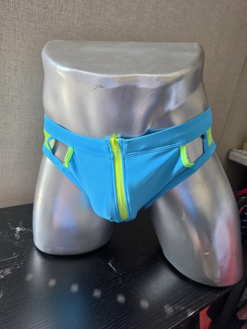 Men's Turquoise Swim Trunks with Neon Yellow Zip